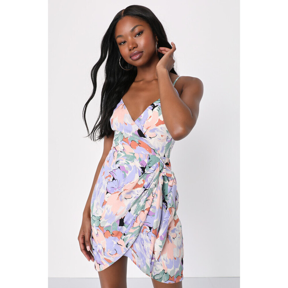 Lulus Blossoming Emotion Cream Floral Faux-wrap Mini Dress White - Size M